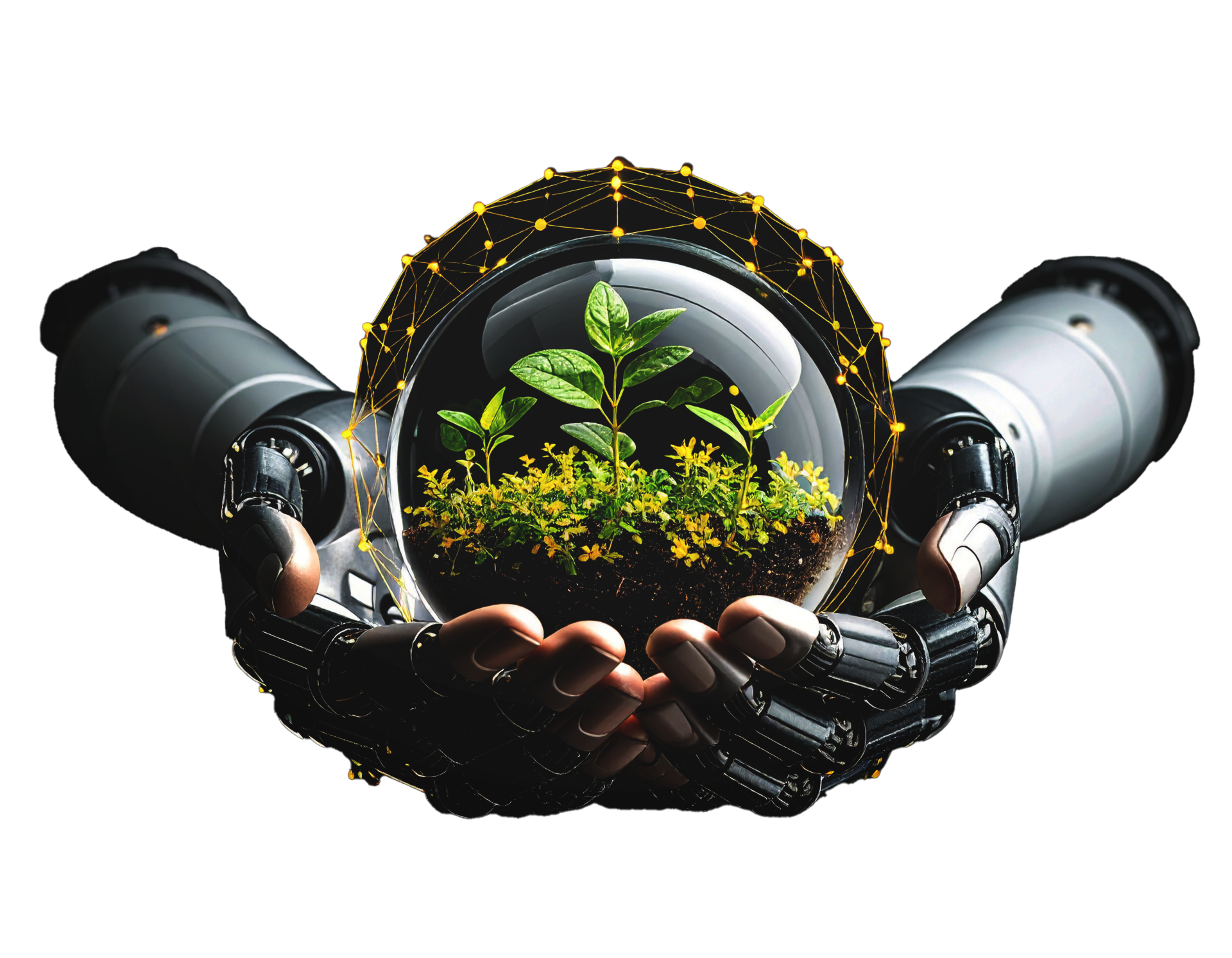 Zwei robotische Hände halten eine transparente Kugel, in der Pflanzen und Erde wachsen. Um die Kugel herum ist ein leuchtendes, gelbes Netzwerk aus verbundenen Punkten dargestellt. Schwarzer Hintergrund, Fokus auf die Symbiose von Technologie, Nachhaltigkeit und Natur.