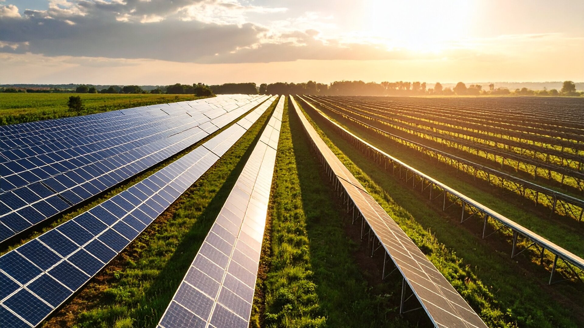 Großflächiger Solarpark in der Natur bei Sonnenuntergang. Lange Reihen von Solarpanels erstrecken sich über ein grünes Feld, die Sonnenstrahlen spiegeln sich in den Paneelen und erzeugen eine warme, goldene Atmosphäre.