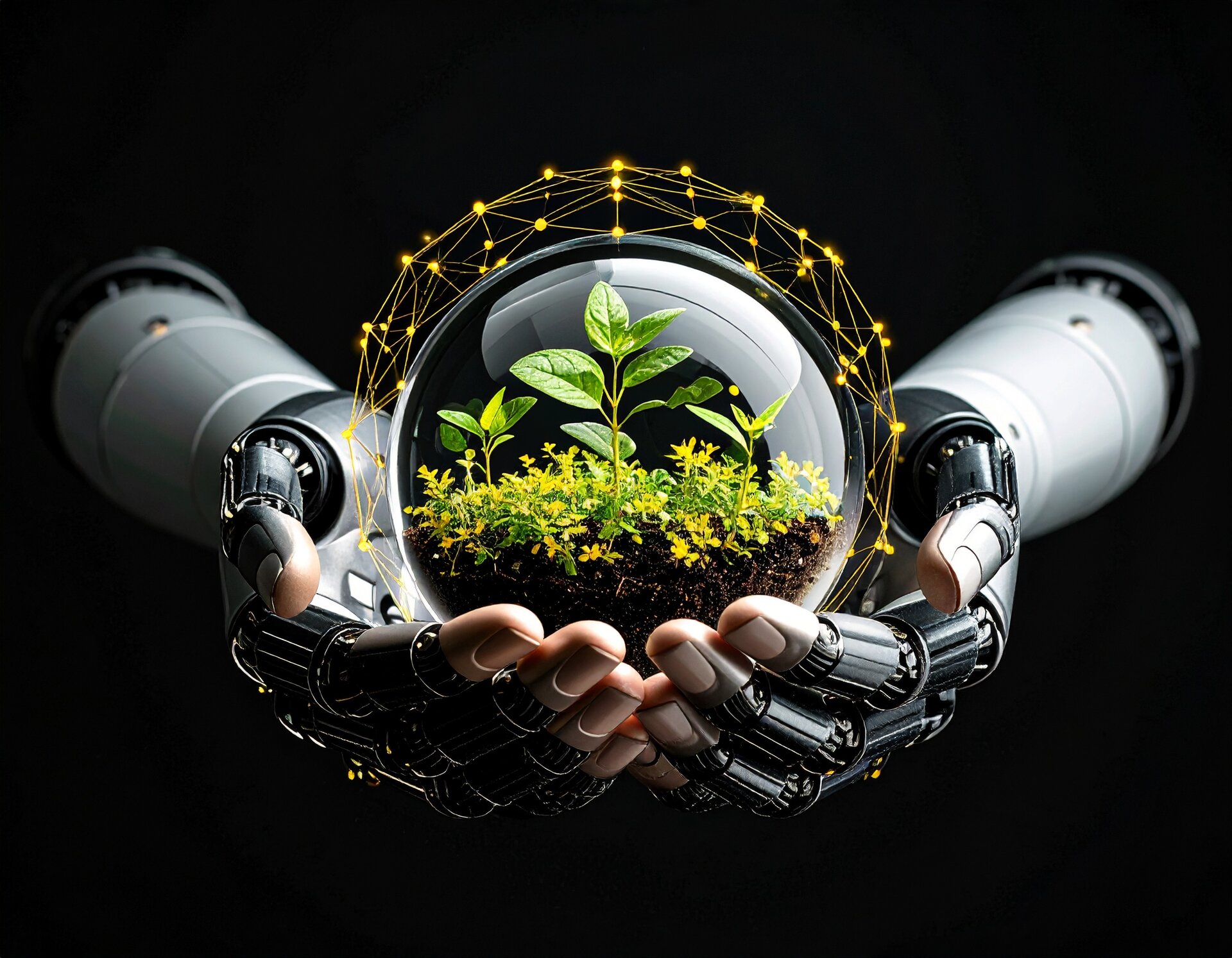 Zwei robotische Hände halten eine transparente Kugel, in der Pflanzen und Erde wachsen. Um die Kugel herum ist ein leuchtendes, gelbes Netzwerk aus verbundenen Punkten dargestellt. Schwarzer Hintergrund, Fokus auf die Symbiose von Technologie, Nachhaltigkeit und Natur.