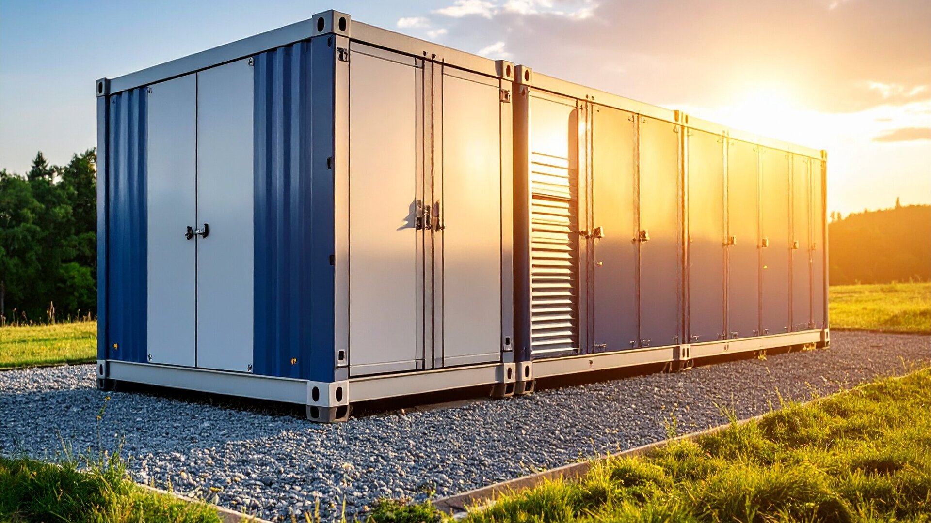Ein modernes Energiespeicher-Containergebäude in Blau und Weiß, aufgestellt auf einem Schotterplatz inmitten einer grünen Wiese. Im Hintergrund geht die Sonne unter und taucht die Szene in warmes Licht.
